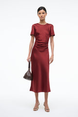 Sangria silk midi dress with short sleeves and ruched front at waist