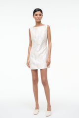 Ivory sleeveless mini dress with textured leaf print, front view.