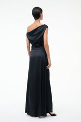 Black silk maxi dress, back view with draped one-shoulder strap and long skirt