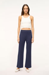 Navy high-rise wide-leg trousers with front crease and side pockets