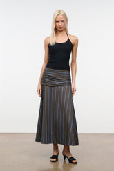 SOL striped midi skirt with gathered waistband, vertical blue stripes on dark fabric