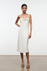 Ivory silk midi slip dress with spaghetti straps and scoop neckline