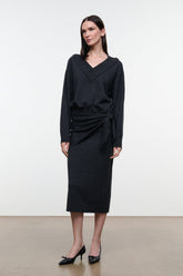 Charcoal V-neck sweater dress with long sleeves and knotted waist detail, midi
