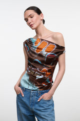 Silk one-shoulder top with draped cowl neckline, brown orange turquoise butterfly print