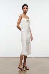Ivory silk midi slip dress with draped cowl neckline and spaghetti straps