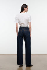 LEO high-rise indigo jeans, back view with belt loops and wide leg