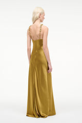 Gold satin halter maxi slip dress with open back and strappy design