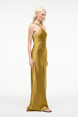 Gold satin halter maxi slip dress with open back and sleek drape