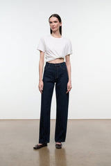 LEO high-rise indigo jeans, straight wide-leg fit with button fly