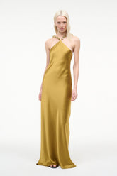 Gold satin halter maxi slip dress with slim straps and floor-length hem