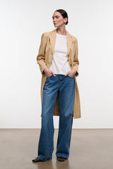 Women's tan leather coat, open front with notch collar and long sleeves