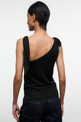 Black sleeveless top with cowl neckline and draped back detail