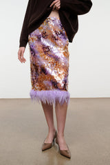 Galaxy print midi pencil skirt with lavender feathered hem, side view