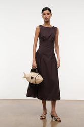 Brown sleeveless midi dress with gathered waist and flared skirt, front view.