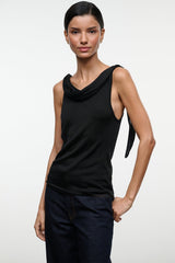 Black sleeveless cowl-neck top with tied shoulder strap