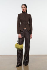 Women's brown fitted jacket with stand collar and button front, asymmetric lower edge