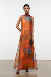 ALBEE dress orange and blue floral sheer maxi with sleeveless high neck and overlay