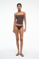 Dark brown tankini top with straight neckline and spaghetti straps