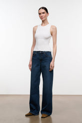 Relaxed dark-wash jeans with wide legs, five-pocket design and belt loops
