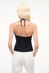 Black tank top with spaghetti straps and low back tie detail