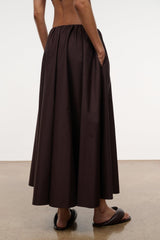 Dark brown midi skirt with gathered waistband and full A-line flare