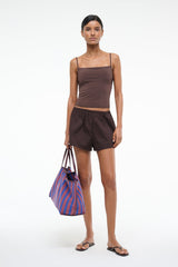 Dark brown tankini top with thin straps and ruched bust