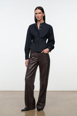 Black stand-collar button top with long sleeves and layered peplum hem
