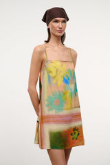 Multicolor floral linen mini dress with thin spaghetti straps and square neckline