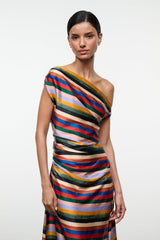 Striped silk maxi dress with diagonal one-shoulder neckline and ruched detail