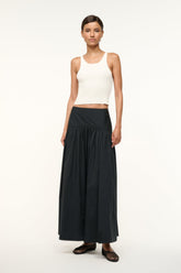 Black midi skirt with elasticated gathered waist and pleated silhouette