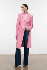 Pink leather coat with notch lapels and gold-tone buttons, hip-length hem