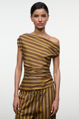 PHARE striped one-shoulder top with gathered waist and draped neckline