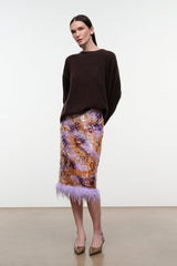 Galaxy print midi pencil skirt with lavender feathered hem, standing full view