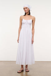 White spaghetti-strap maxi dress with tiered skirt and gathered bodice