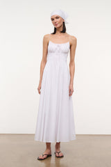 White spaghetti-strap maxi dress with tiered skirt and gathered bodice