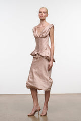 Light rose silk midi dress with fitted bodice, draped skirt, and gathered waist