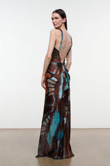 Silk halter maxi dress in multicolor abstract butterfly print, open back, sleeveless