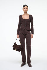 Dark brown long-sleeve square-neck top with button front and waist flap pockets