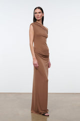 Women's draped one-shoulder maxi dress in warm brown, front view.