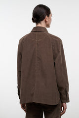 Brown corduroy shirt jacket, back view with collar and button placket
