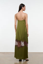 DELFINA silk dress in olive green with spaghetti straps and lace hem detail at back