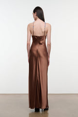 Chocolate-brown satin halter maxi dress, open back with thin beaded straps