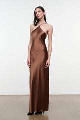 Chocolate-brown satin halter maxi dress with beaded necklace-style straps