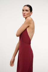 Silk halter dress dark red with open back and flowing skirt