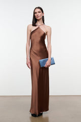 Chocolate-brown satin halter maxi dress with asymmetric neckline and beaded straps
