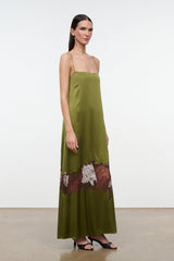 Olive green spaghetti-strap silk dress with brown and white lace hem panel