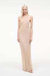 Champagne halter maxi dress with fitted shape and long side slit