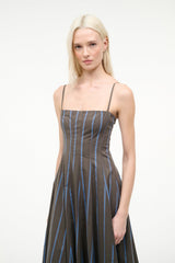 Sleeveless stripe midi dress with spaghetti straps and square neckline