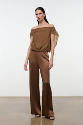 Cigar brown silk wide-leg trousers with gathered elastic waist, full length
