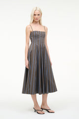 Sleeveless midi dress in vertical stripes, square neckline and pleated flare